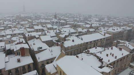 Montpellier-city-center-old-mediterranean-town-during-a-snow-storm-aerial-view